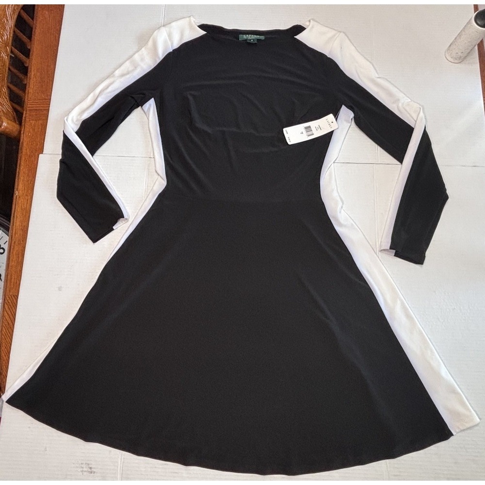 Lauren Ralph Lauren Colorblock Stretch A-Line Dress Black White Size 12 NWT